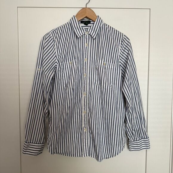 LRL Lauren Jeans Ralph Lauren Shirt Womens Sz M White Blue Striped Button Up - Picture 1 of 11